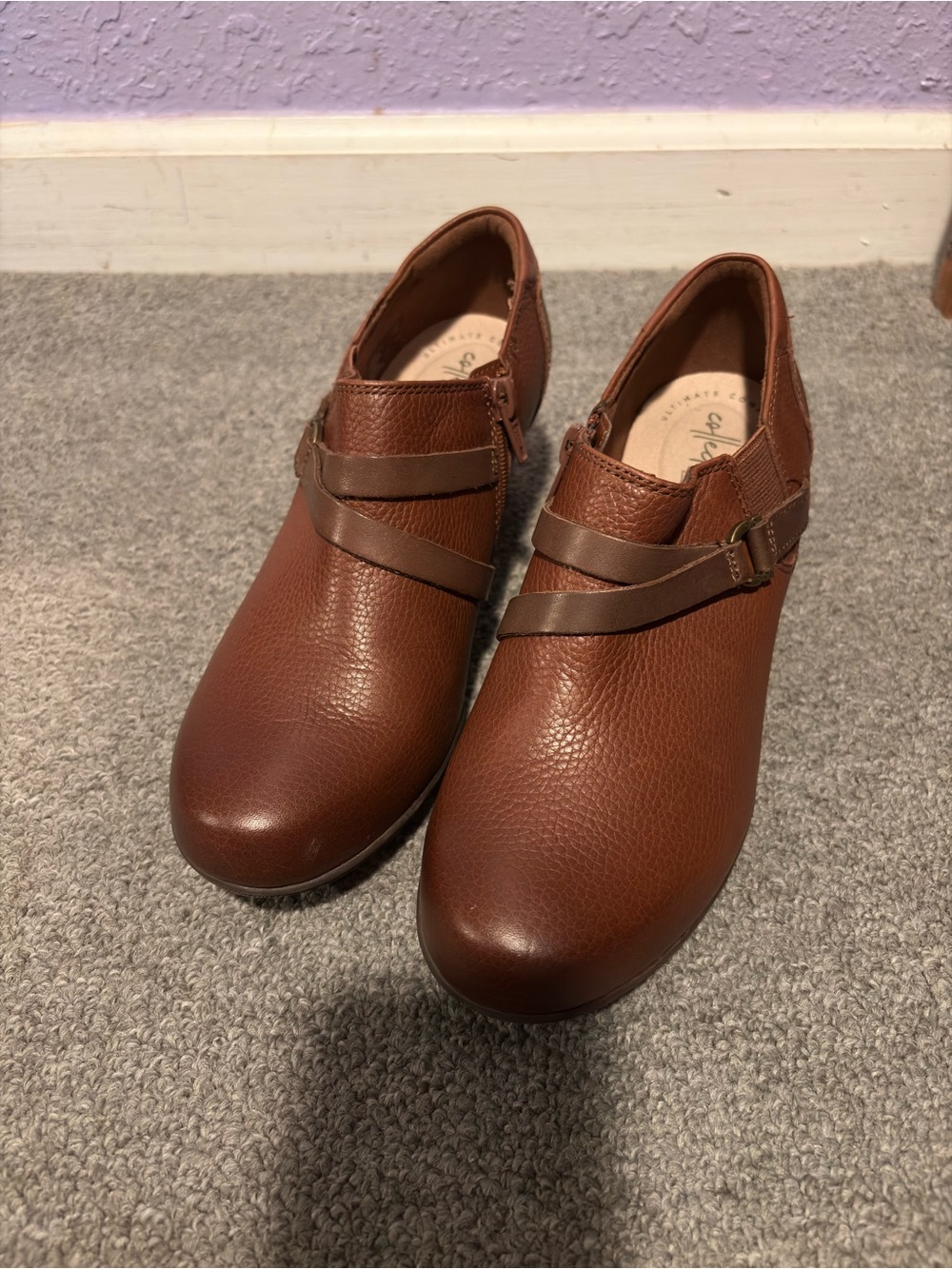 Clarks Women's Brown Leather Ankle Booties with Strap Detail